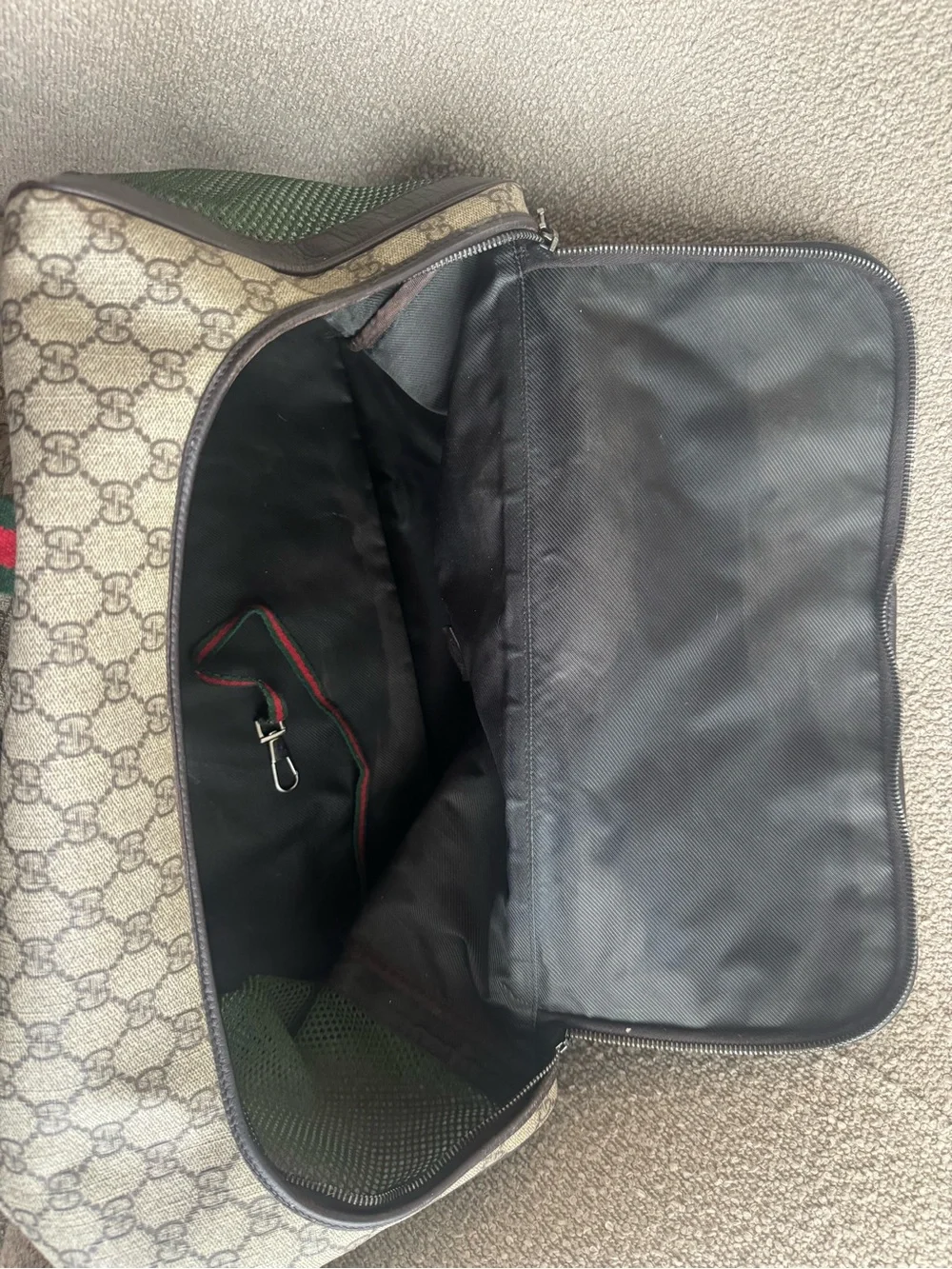 Gucci Beige Monogram Pet Travel Carrier with Green & Red Web Straps